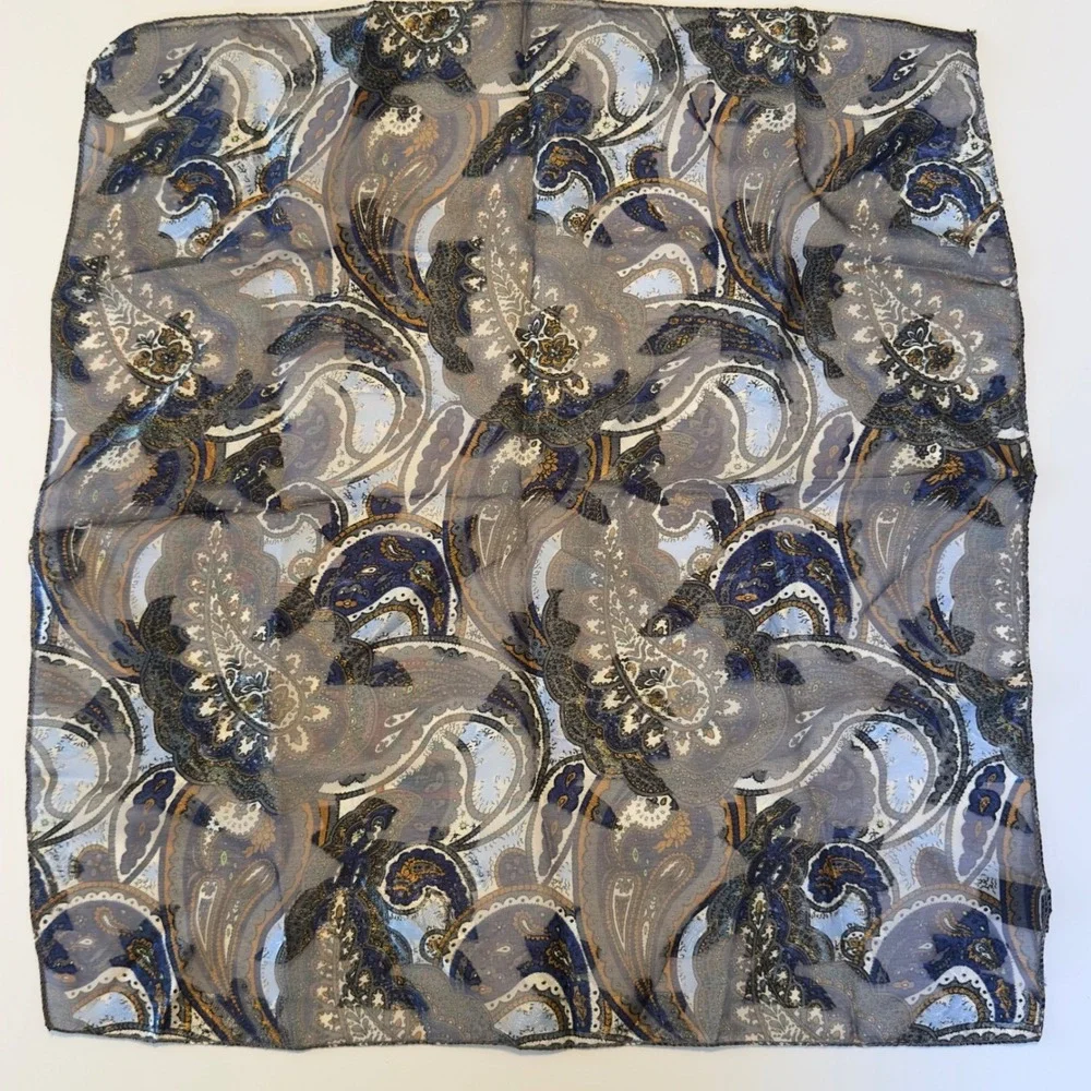 Blue Gold Paisley Square Scarf Silk Feel Sheer‎ Neck Hair Accessory Classy Chic